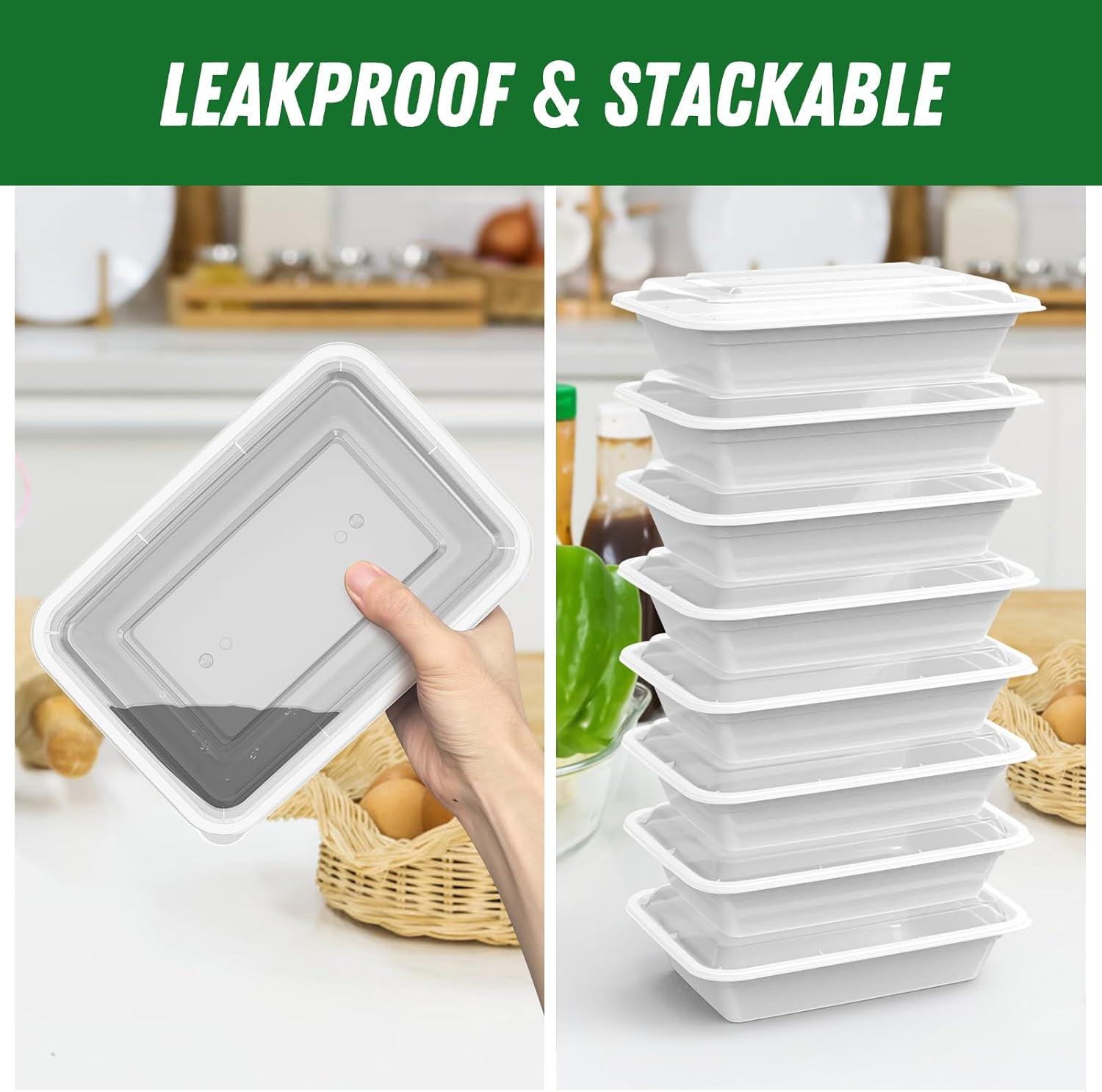 50 Pack (100-Piece) 32 oz Meal Prep Containers Reusable with Easy Open Lids, Sturdy Leakproof Food Safe, Microwave Freezer Dishwasher Safe, To Go Take Out Plastic Food Storage Pans with Lids, Black(Silver)