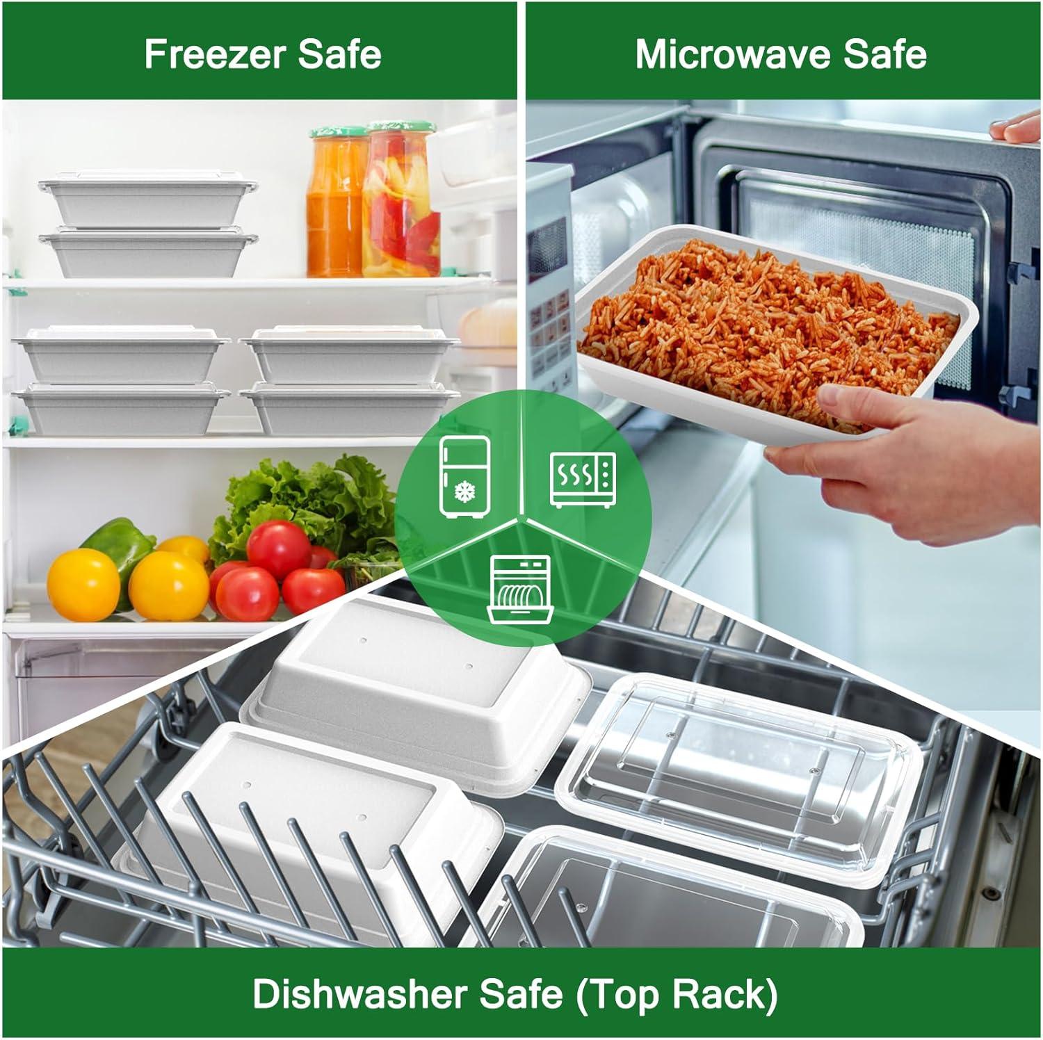 50 Pack (100-Piece) 32 oz Meal Prep Containers Reusable with Easy Open Lids, Sturdy Leakproof Food Safe, Microwave Freezer Dishwasher Safe, To Go Take Out Plastic Food Storage Pans with Lids, Black(Silver)
