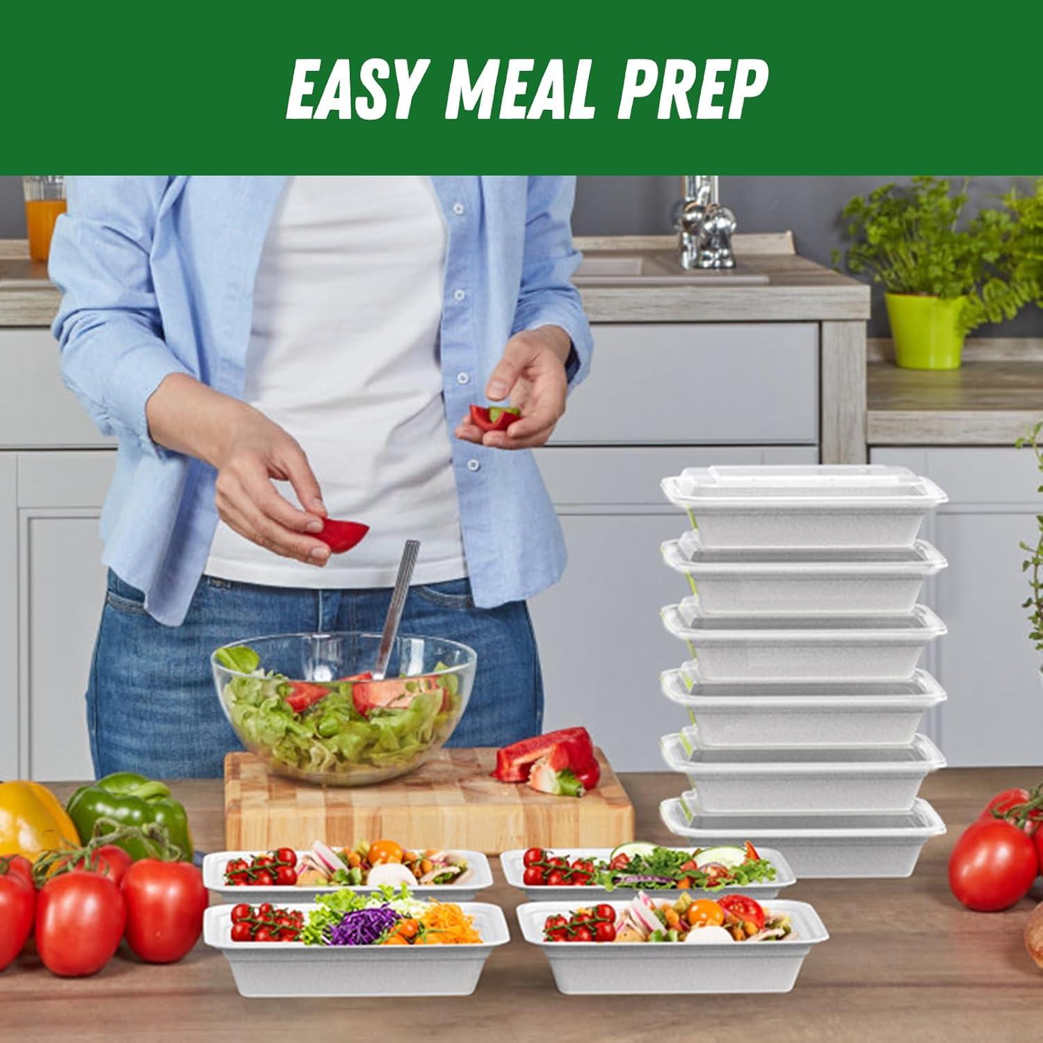50 Pack (100-Piece) 32 oz Meal Prep Containers Reusable with Easy Open Lids, Sturdy Leakproof Food Safe, Microwave Freezer Dishwasher Safe, To Go Take Out Plastic Food Storage Pans with Lids, Black(Silver)