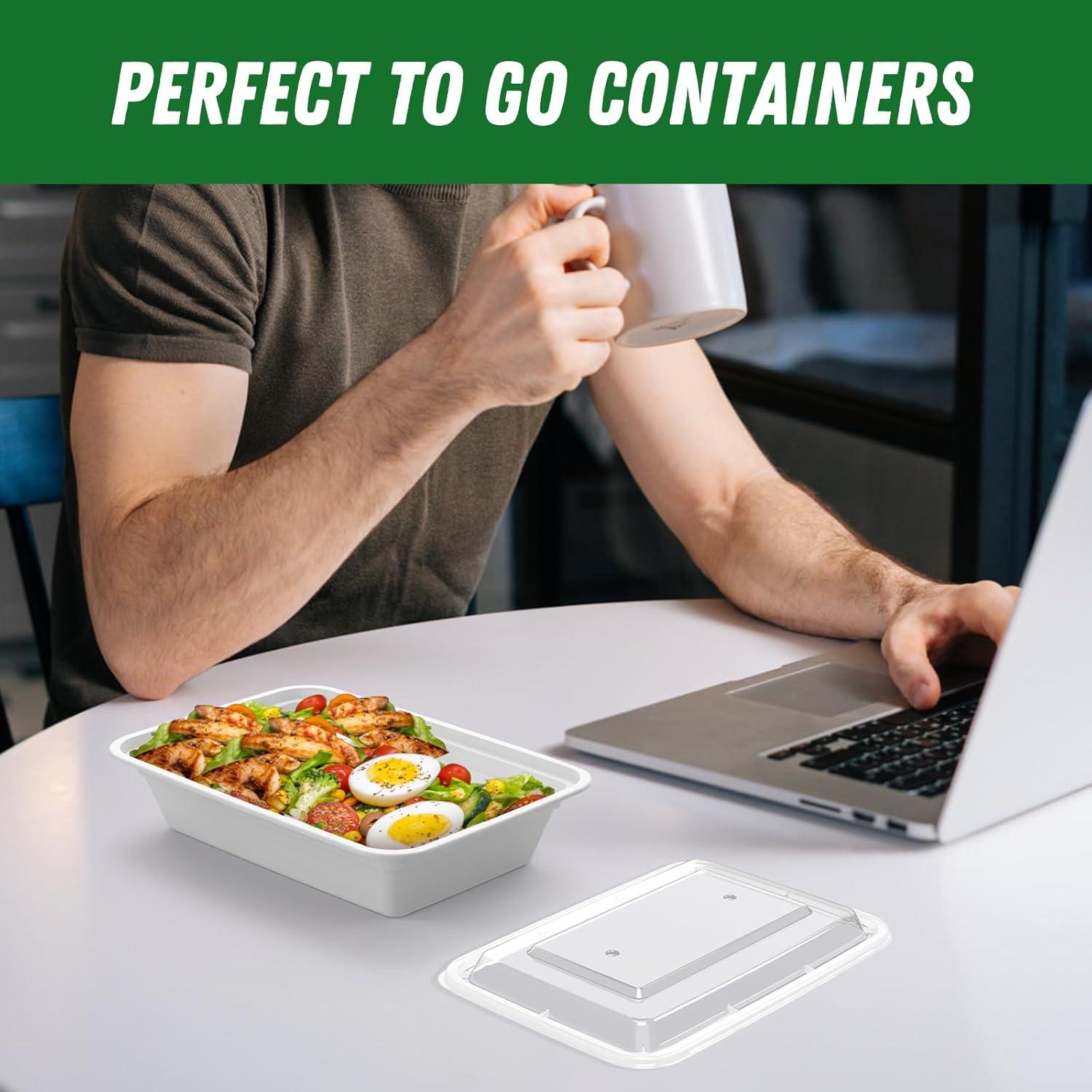 50 Pack (100-Piece) 32 oz Meal Prep Containers Reusable with Easy Open Lids, Sturdy Leakproof Food Safe, Microwave Freezer Dishwasher Safe, To Go Take Out Plastic Food Storage Pans with Lids, Black(Silver)