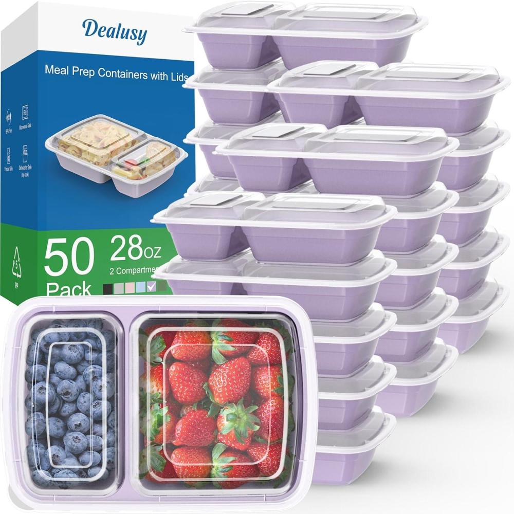 50 Pack (100-Piece) 28 oz Meal Prep Containers Reusable with Lids 2-Compartment, Sturdy Leakproof Food Safe, Microwave Freezer Dishwasher Safe, To Go Take Out Plastic Food Storage, Lilac(Lilac)