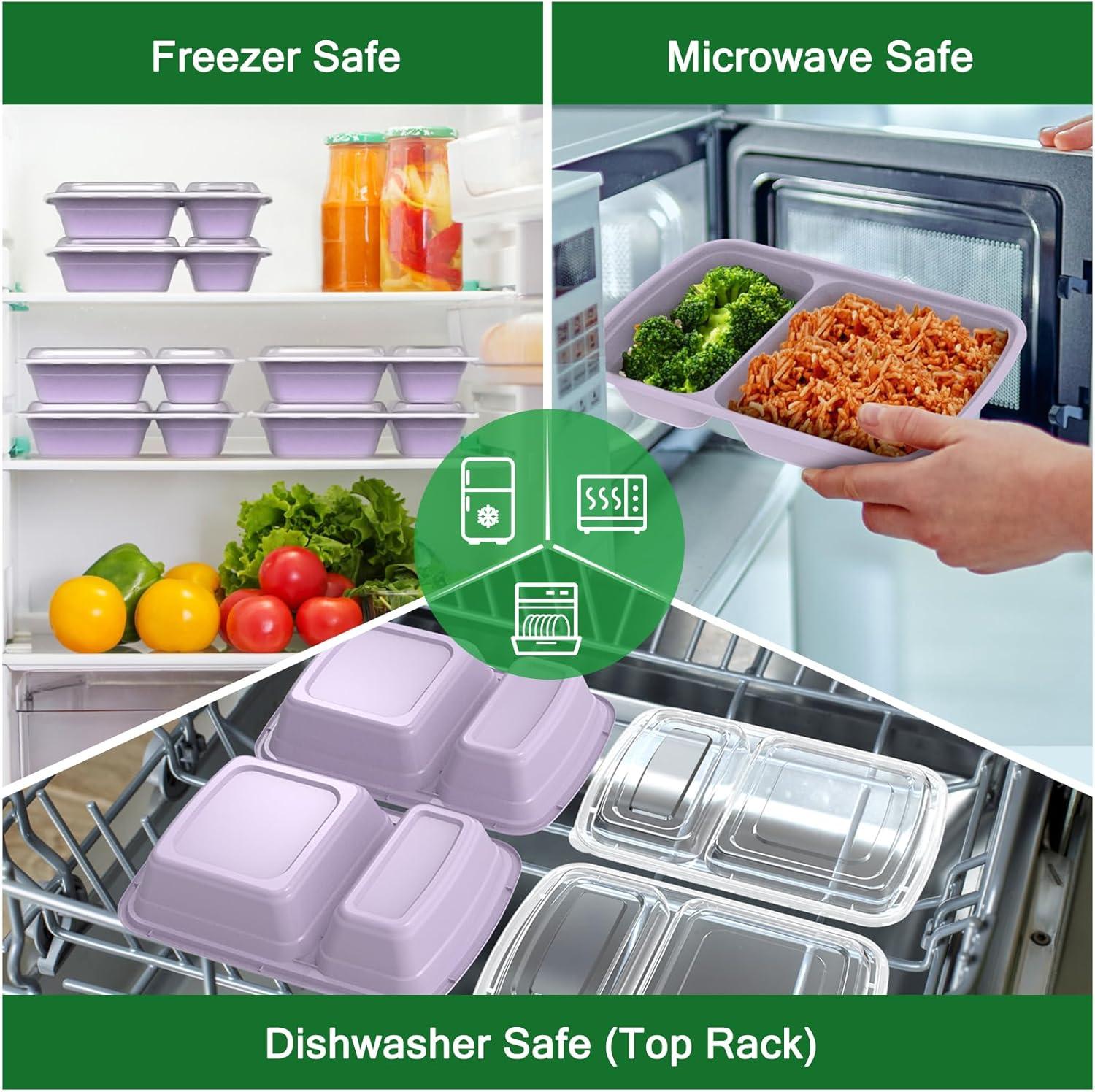 50 Pack (100-Piece) 28 oz Meal Prep Containers Reusable with Lids 2-Compartment, Sturdy Leakproof Food Safe, Microwave Freezer Dishwasher Safe, To Go Take Out Plastic Food Storage, Lilac(Lilac)