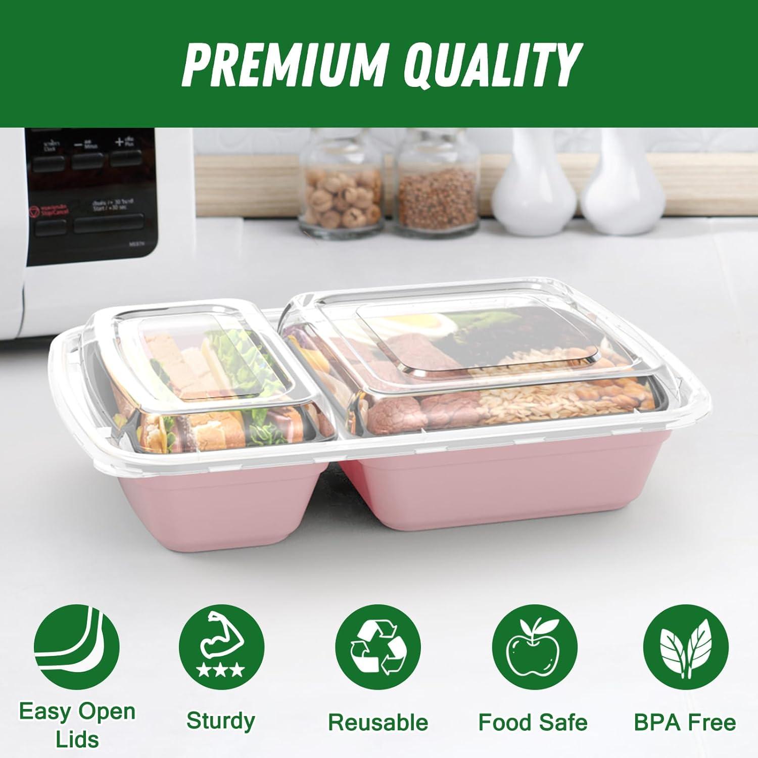 50 Pack (100-Piece) 28 oz Meal Prep Containers Reusable with Lids 2-Compartment, Sturdy Leakproof Food Safe, Microwave Freezer Dishwasher Safe, To Go Take Out Plastic Food Storage, Lilac(Pink)