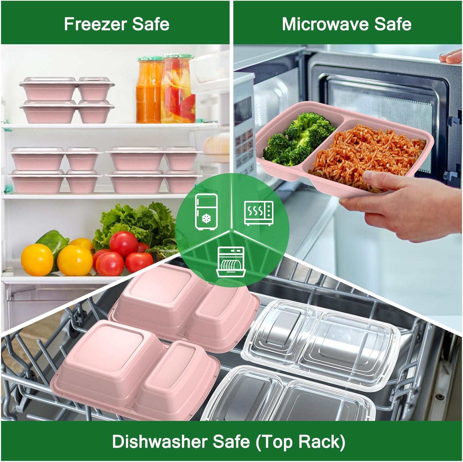 50 Pack (100-Piece) 28 oz Meal Prep Containers Reusable with Lids 2-Compartment, Sturdy Leakproof Food Safe, Microwave Freezer Dishwasher Safe, To Go Take Out Plastic Food Storage, Lilac(Pink)