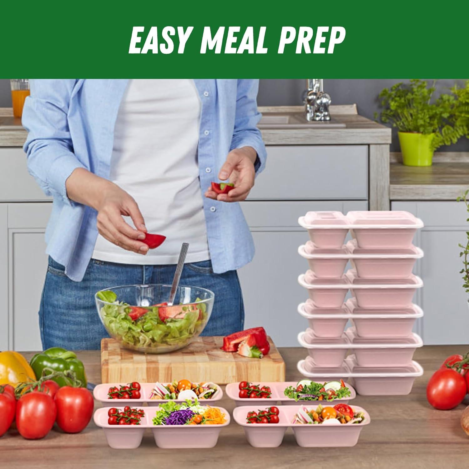 50 Pack (100-Piece) 28 oz Meal Prep Containers Reusable with Lids 2-Compartment, Sturdy Leakproof Food Safe, Microwave Freezer Dishwasher Safe, To Go Take Out Plastic Food Storage, Lilac(Pink)