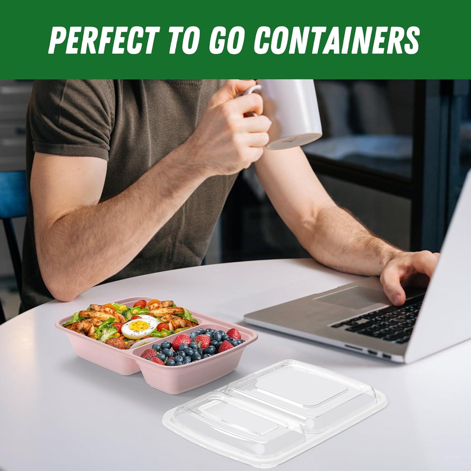 50 Pack (100-Piece) 28 oz Meal Prep Containers Reusable with Lids 2-Compartment, Sturdy Leakproof Food Safe, Microwave Freezer Dishwasher Safe, To Go Take Out Plastic Food Storage, Lilac(Pink)