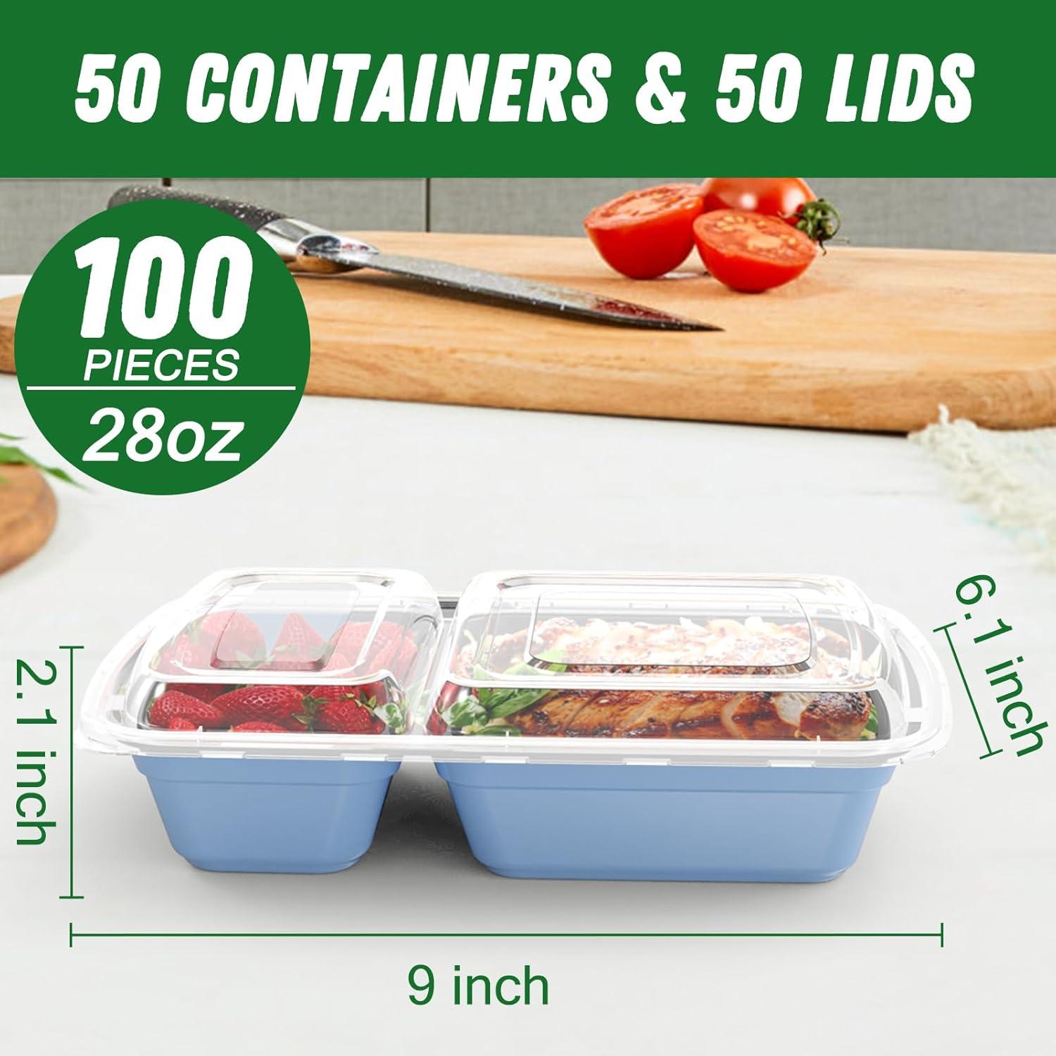 50 Pack (100-Piece) 28 oz Meal Prep Containers Reusable with Lids 2-Compartment, Sturdy Leakproof Food Safe, Microwave Freezer Dishwasher Safe, To Go Take Out Plastic Food Storage, Lilac(Blue)