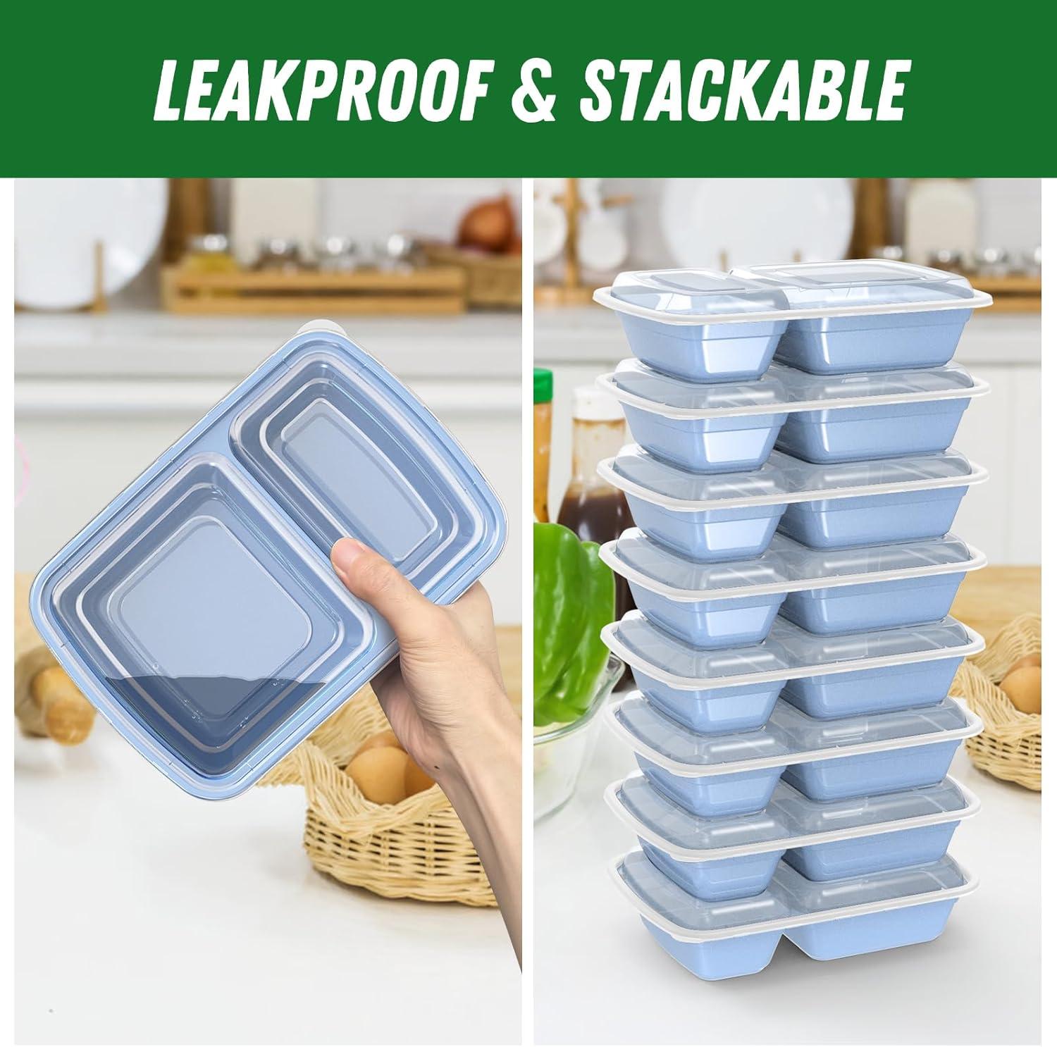 50 Pack (100-Piece) 28 oz Meal Prep Containers Reusable with Lids 2-Compartment, Sturdy Leakproof Food Safe, Microwave Freezer Dishwasher Safe, To Go Take Out Plastic Food Storage, Lilac(Blue)