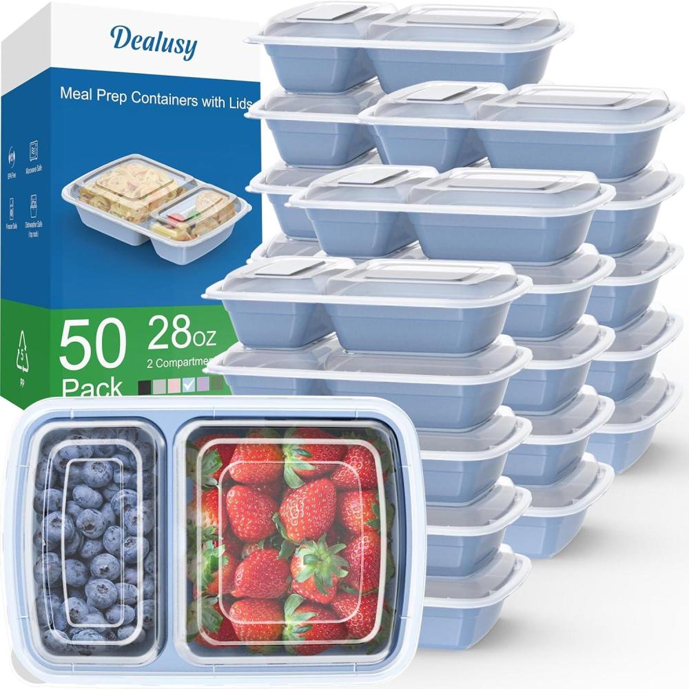 50 Pack (100-Piece) 28 oz Meal Prep Containers Reusable with Lids 2-Compartment, Sturdy Leakproof Food Safe, Microwave Freezer Dishwasher Safe, To Go Take Out Plastic Food Storage, Black(Blue)