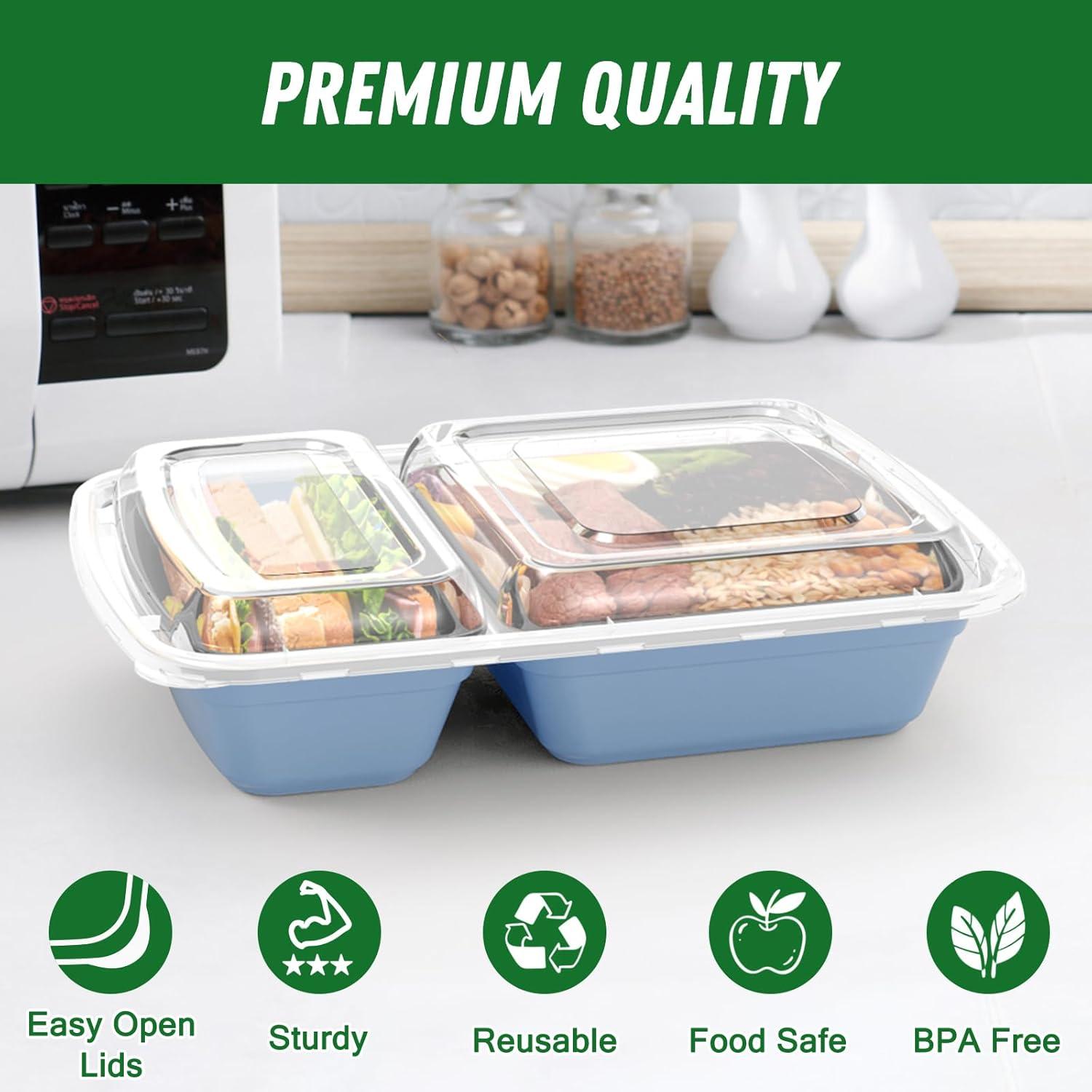 50 Pack (100-Piece) 28 oz Meal Prep Containers Reusable with Lids 2-Compartment, Sturdy Leakproof Food Safe, Microwave Freezer Dishwasher Safe, To Go Take Out Plastic Food Storage, Black(Blue)