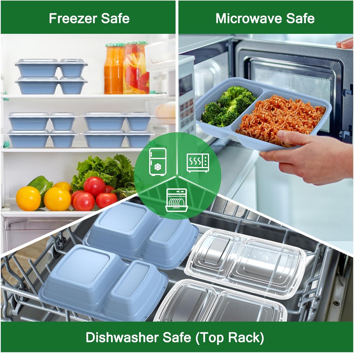 50 Pack (100-Piece) 28 oz Meal Prep Containers Reusable with Lids 2-Compartment, Sturdy Leakproof Food Safe, Microwave Freezer Dishwasher Safe, To Go Take Out Plastic Food Storage, Black(Blue)