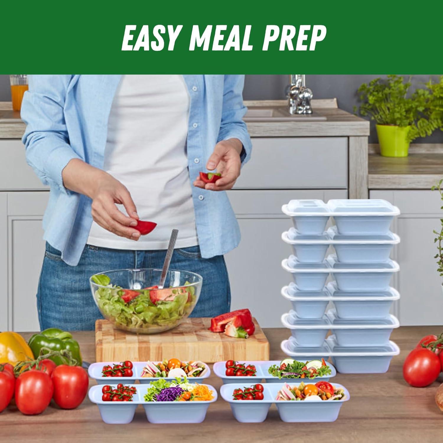 50 Pack (100-Piece) 28 oz Meal Prep Containers Reusable with Lids 2-Compartment, Sturdy Leakproof Food Safe, Microwave Freezer Dishwasher Safe, To Go Take Out Plastic Food Storage, Black(Blue)