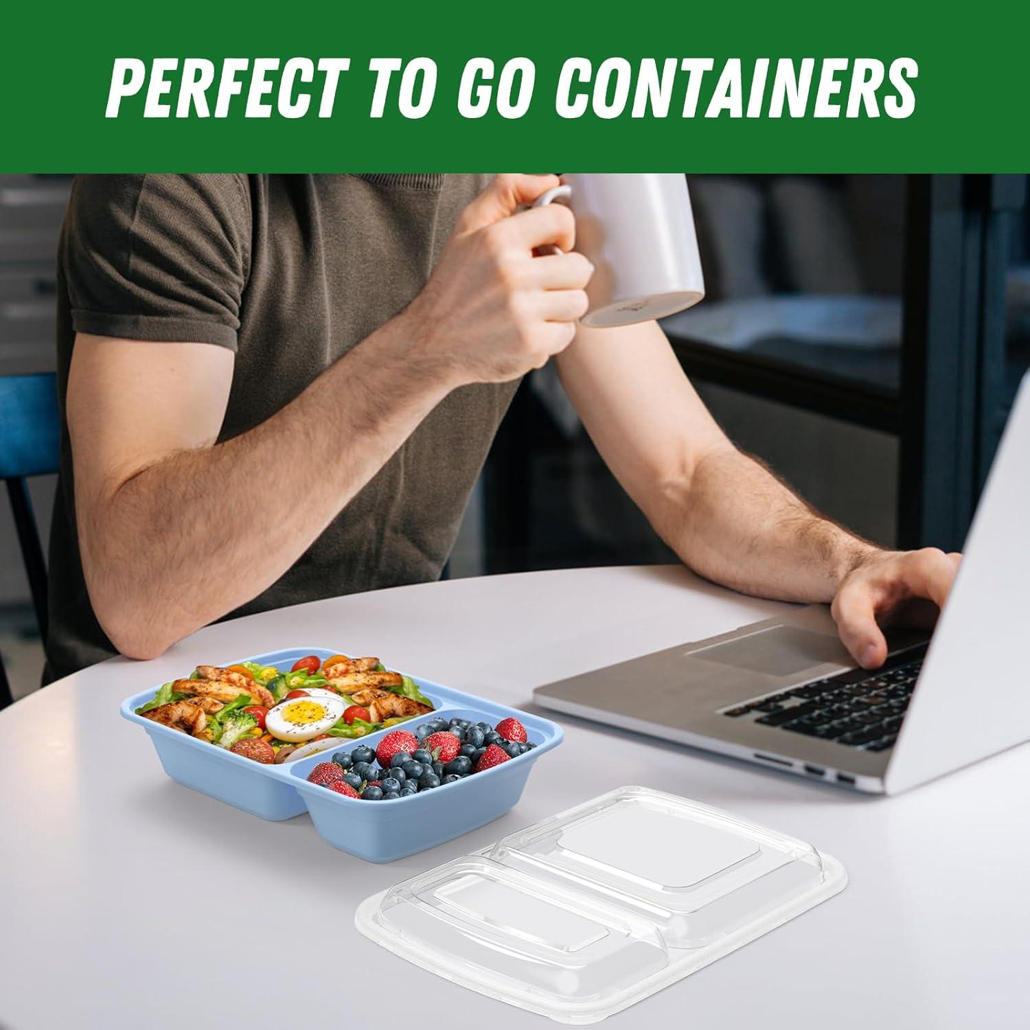 50 Pack (100-Piece) 28 oz Meal Prep Containers Reusable with Lids 2-Compartment, Sturdy Leakproof Food Safe, Microwave Freezer Dishwasher Safe, To Go Take Out Plastic Food Storage, Black(Blue)