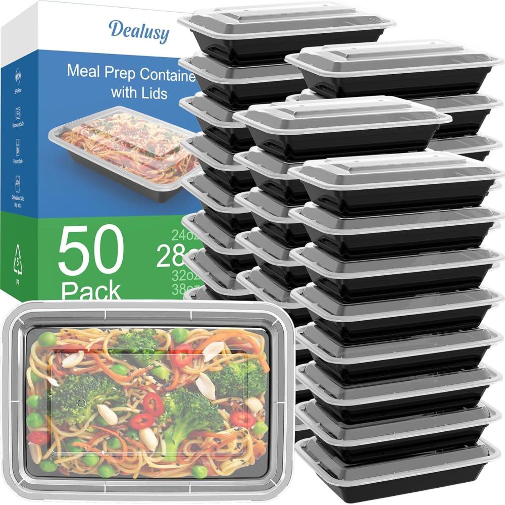 50 Pack (100-Piece) 32 oz Meal Prep Containers Reusable with Lids, Sturdy Leakproof & Food Safe, Microwave, Freezer, Dishwasher Safe Prep Containers, To Go Take Out Plastic Food Storage(28 oz)