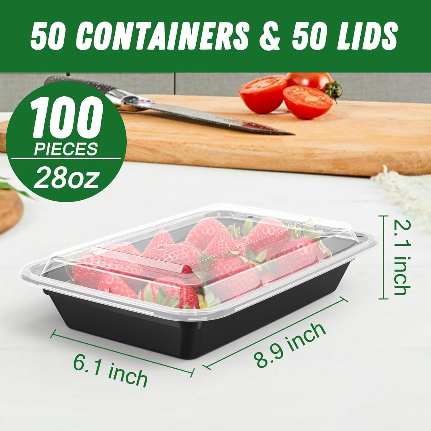 50 Pack (100-Piece) 32 oz Meal Prep Containers Reusable with Lids, Sturdy Leakproof & Food Safe, Microwave, Freezer, Dishwasher Safe Prep Containers, To Go Take Out Plastic Food Storage(28 oz)