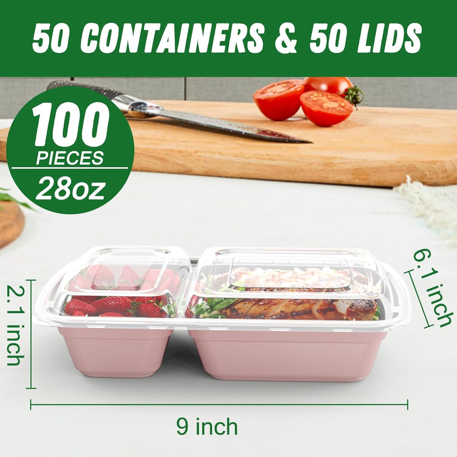 50 Pack (100-Piece) 28 oz Meal Prep Containers Reusable with Lids 2-Compartment, Sturdy Leakproof Food Safe, Microwave Freezer Dishwasher Safe, To Go Take Out Plastic Food Storage, Black(Pink)
