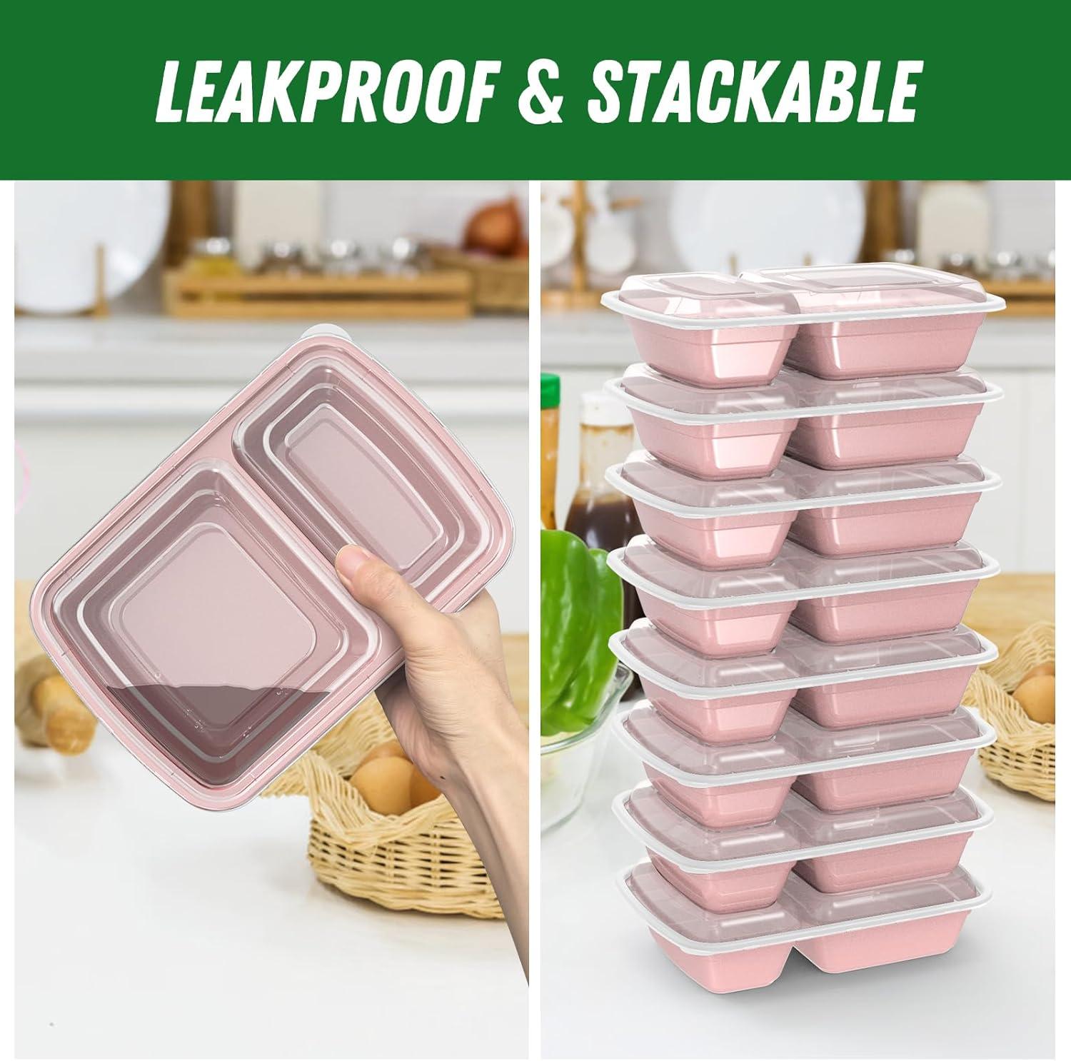 50 Pack (100-Piece) 28 oz Meal Prep Containers Reusable with Lids 2-Compartment, Sturdy Leakproof Food Safe, Microwave Freezer Dishwasher Safe, To Go Take Out Plastic Food Storage, Black(Pink)