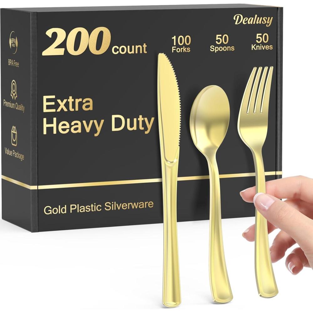 200 Count Heavy Duty Silver Plastic Silverware, 100 Forks, 50 Spoons, 50 Knives, BPA-Free, Heat Resistant, Disposable Plastic Utensils Set Cutlery Set, Plasticware Bulk(Gold)