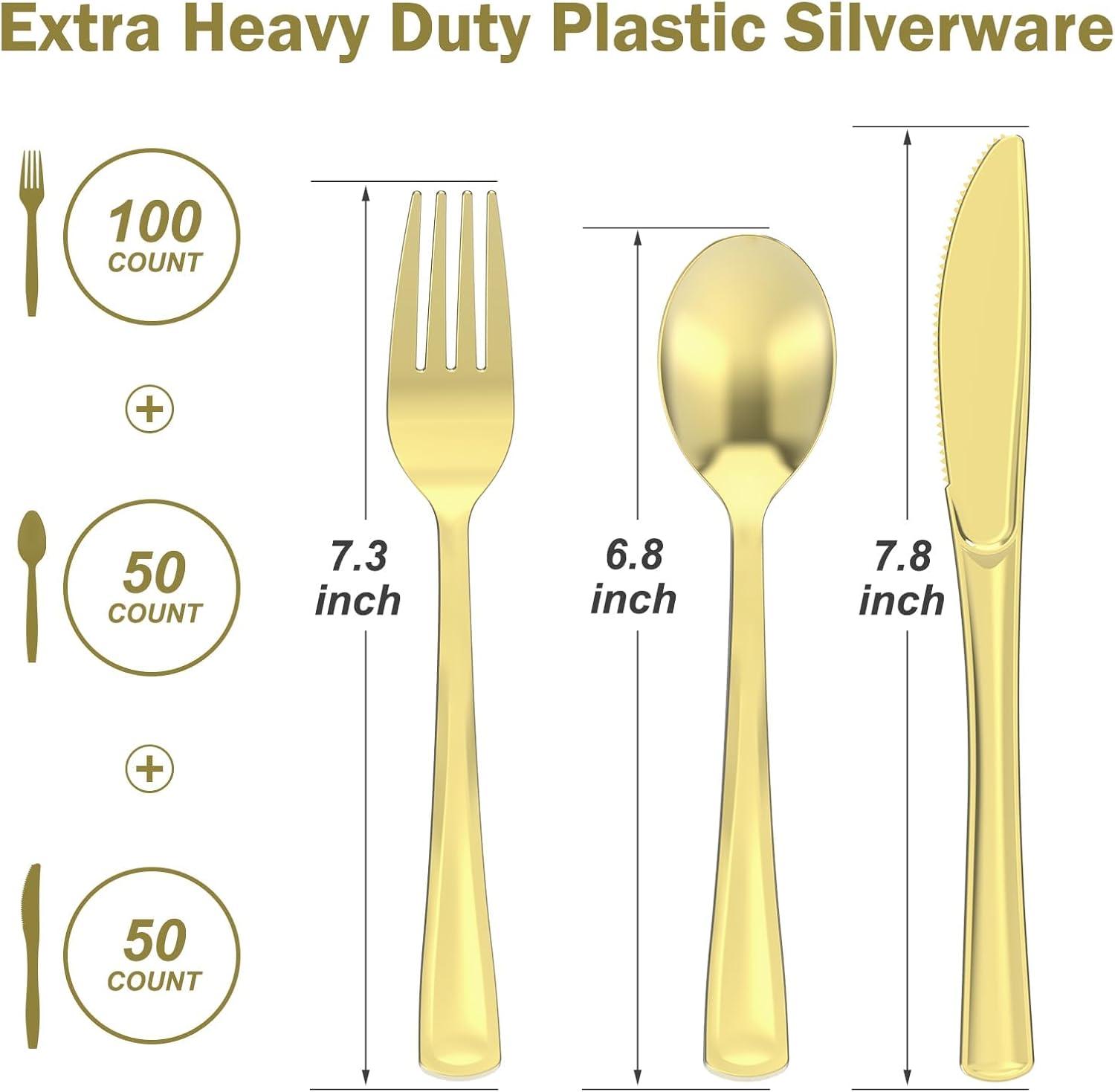 200 Count Heavy Duty Silver Plastic Silverware, 100 Forks, 50 Spoons, 50 Knives, BPA-Free, Heat Resistant, Disposable Plastic Utensils Set Cutlery Set, Plasticware Bulk(Gold)