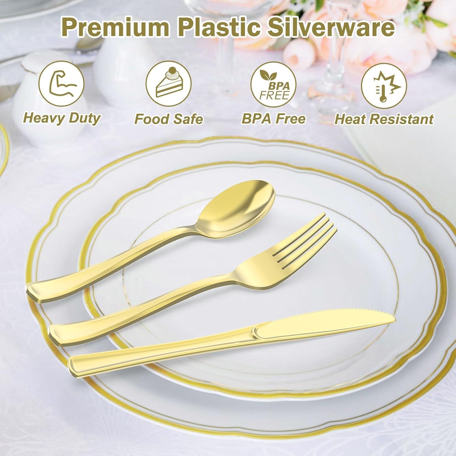 200 Count Heavy Duty Silver Plastic Silverware, 100 Forks, 50 Spoons, 50 Knives, BPA-Free, Heat Resistant, Disposable Plastic Utensils Set Cutlery Set, Plasticware Bulk(Gold)