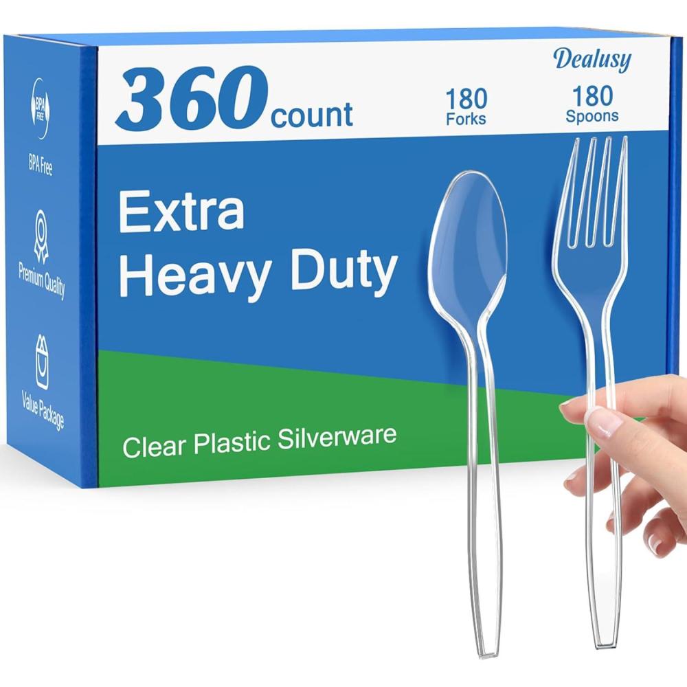 360 Count Extra Heavy Duty Clear Plastic Forks and Spoons, 180 Forks & 180 Spoons, Heat Resistant, Disposable Plastic Silverware Set