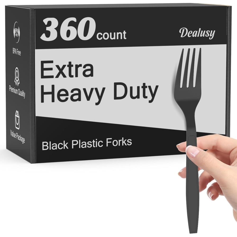 360 Count Extra Heavy Duty Gold Plastic Forks Disposable, BPA-Free, Heat Resistant, Solid and Durable Disposable Forks Bulk, Premium Plastic Forks heavy duty for Party Supply(Black)