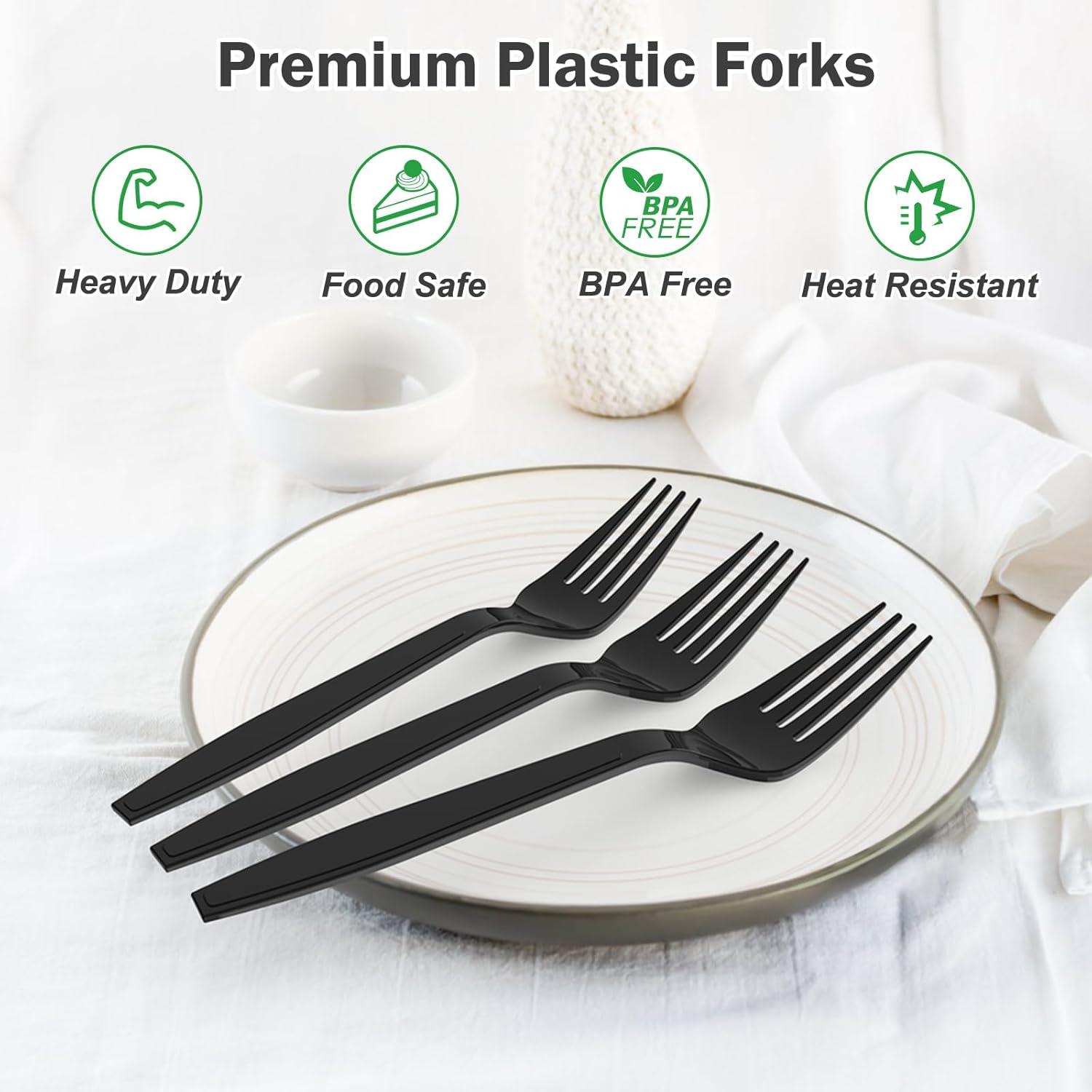 360 Count Extra Heavy Duty Gold Plastic Forks Disposable, BPA-Free, Heat Resistant, Solid and Durable Disposable Forks Bulk, Premium Plastic Forks heavy duty for Party Supply(Black)