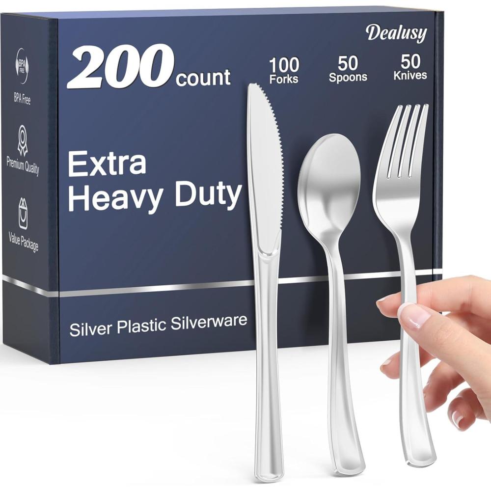 200 Count Heavy Duty Silver Plastic Silverware, 100 Forks, 50 Spoons, 50 Knives, BPA-Free, Heat Resistant, Disposable Plastic Utensils Set Cutlery Set, Plasticware Bulk(Silver)