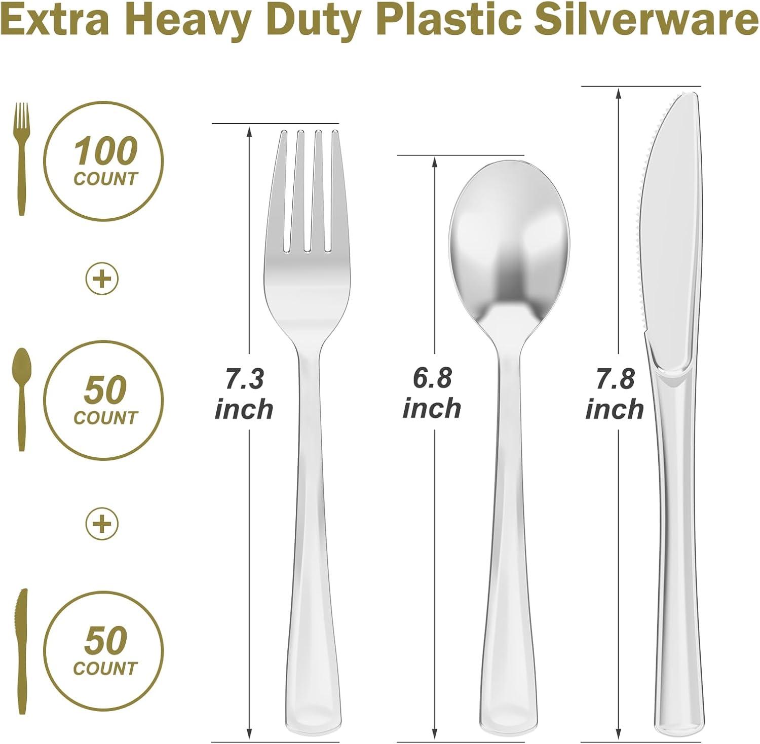 200 Count Heavy Duty Silver Plastic Silverware, 100 Forks, 50 Spoons, 50 Knives, BPA-Free, Heat Resistant, Disposable Plastic Utensils Set Cutlery Set, Plasticware Bulk(Silver)