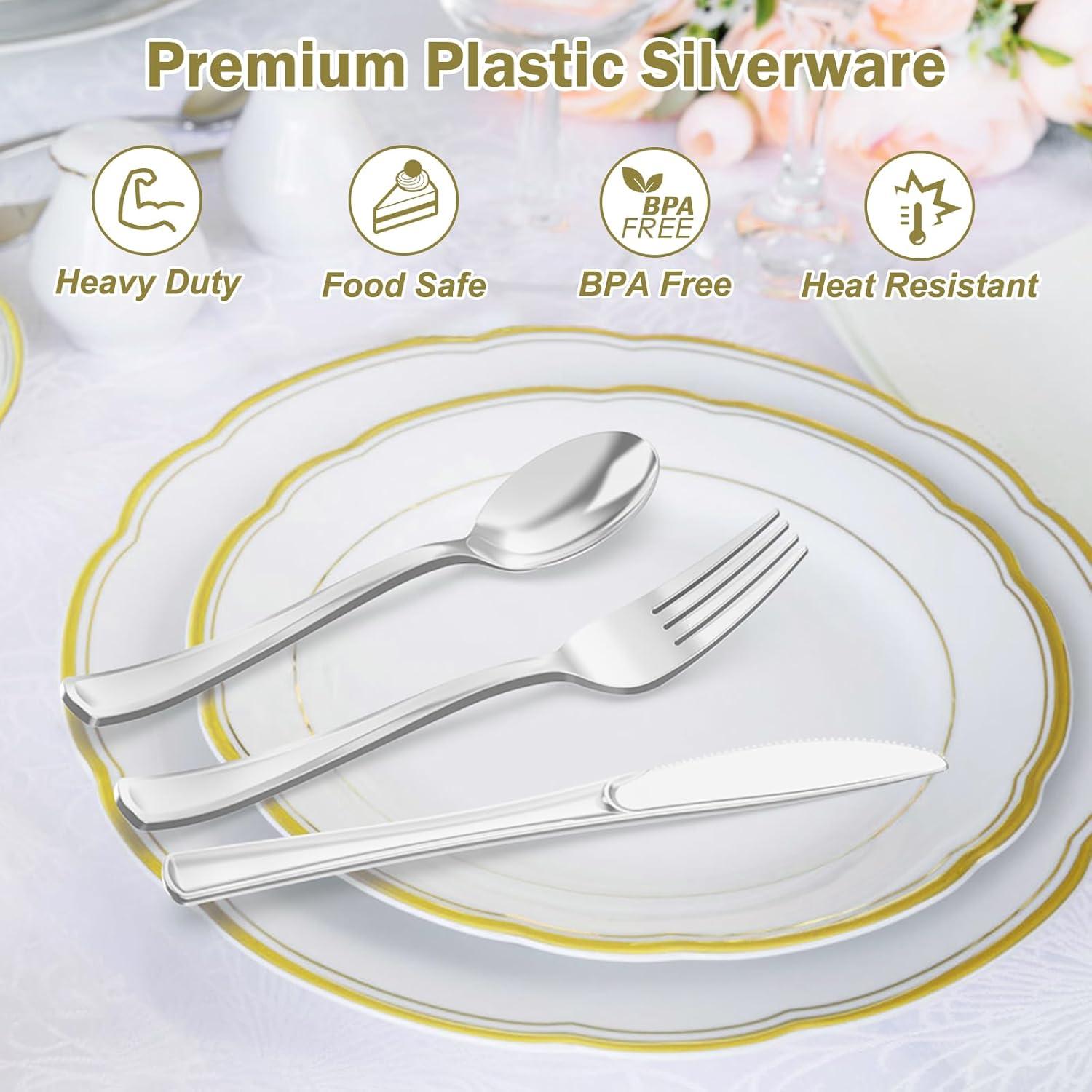 200 Count Heavy Duty Silver Plastic Silverware, 100 Forks, 50 Spoons, 50 Knives, BPA-Free, Heat Resistant, Disposable Plastic Utensils Set Cutlery Set, Plasticware Bulk(Silver)