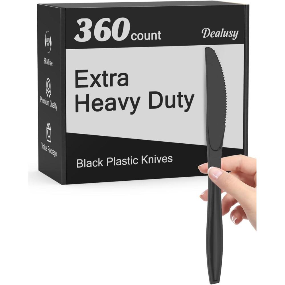 360 Count Extra Heavy Duty Clear Plastic Knives Disposable, BPA-Free, Heat Resistant, Solid and Durable Disposable Knives Bulk, Premium Plastic Knives heavy duty for Party Supply(Black)
