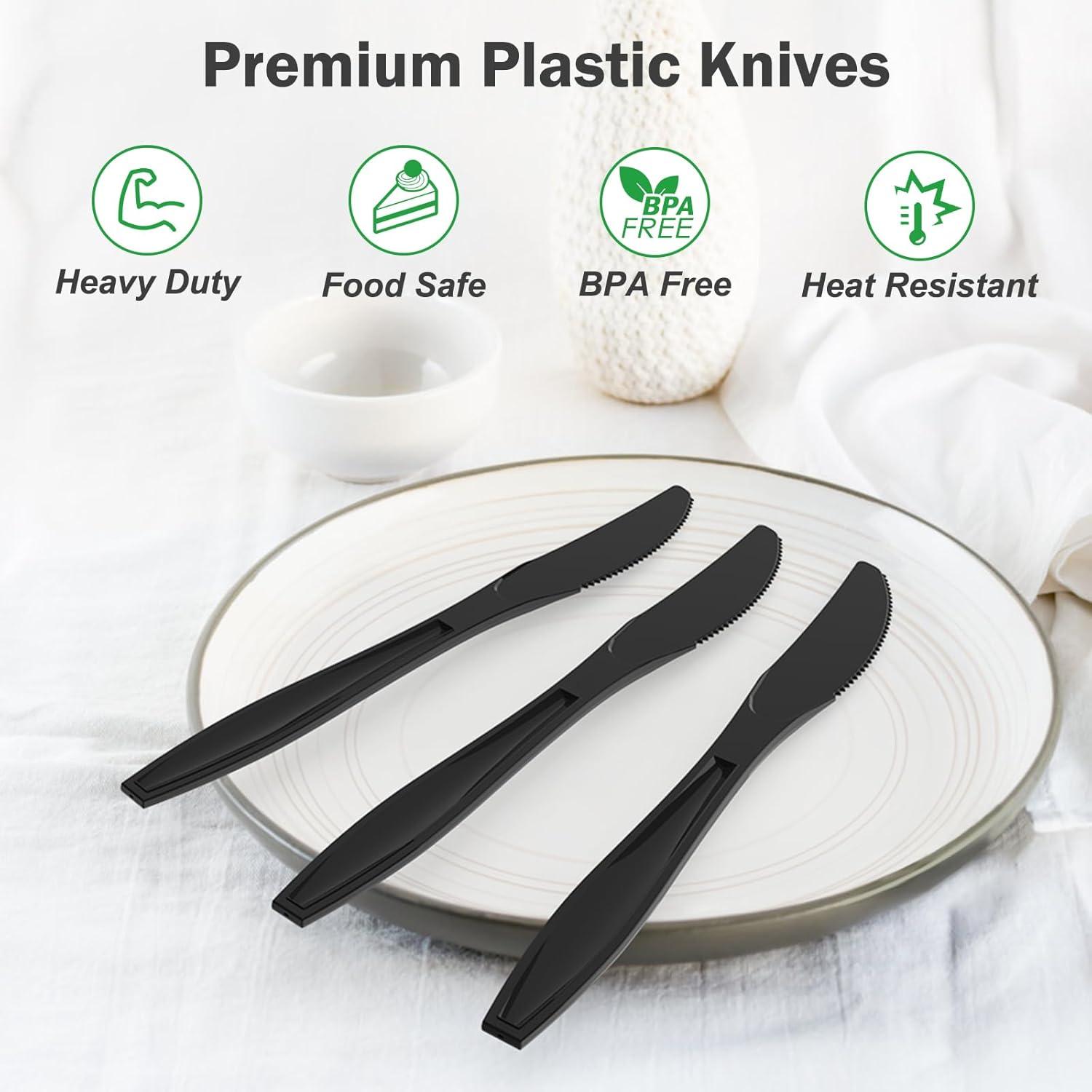 360 Count Extra Heavy Duty Clear Plastic Knives Disposable, BPA-Free, Heat Resistant, Solid and Durable Disposable Knives Bulk, Premium Plastic Knives heavy duty for Party Supply(Black)
