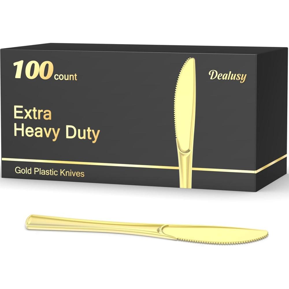 100 Count Heavy Duty Gold Plastic Knives Disposable, BPA-Free, Heat Resistant, Solid and Durable Premium Plastic Disposable Knives for Party Supply