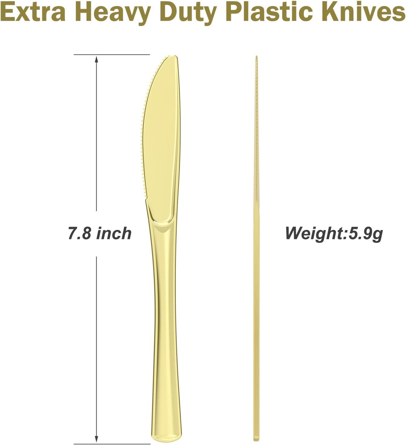 100 Count Heavy Duty Gold Plastic Knives Disposable, BPA-Free, Heat Resistant, Solid and Durable Premium Plastic Disposable Knives for Party Supply