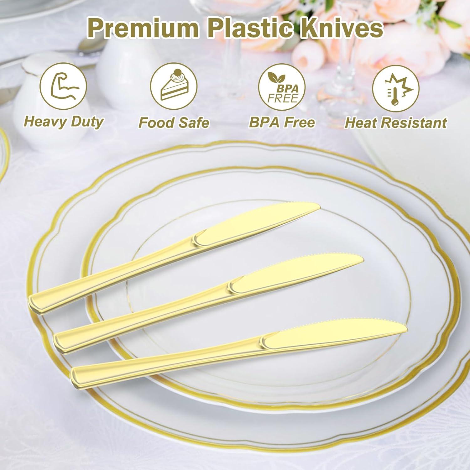 100 Count Heavy Duty Gold Plastic Knives Disposable, BPA-Free, Heat Resistant, Solid and Durable Premium Plastic Disposable Knives for Party Supply