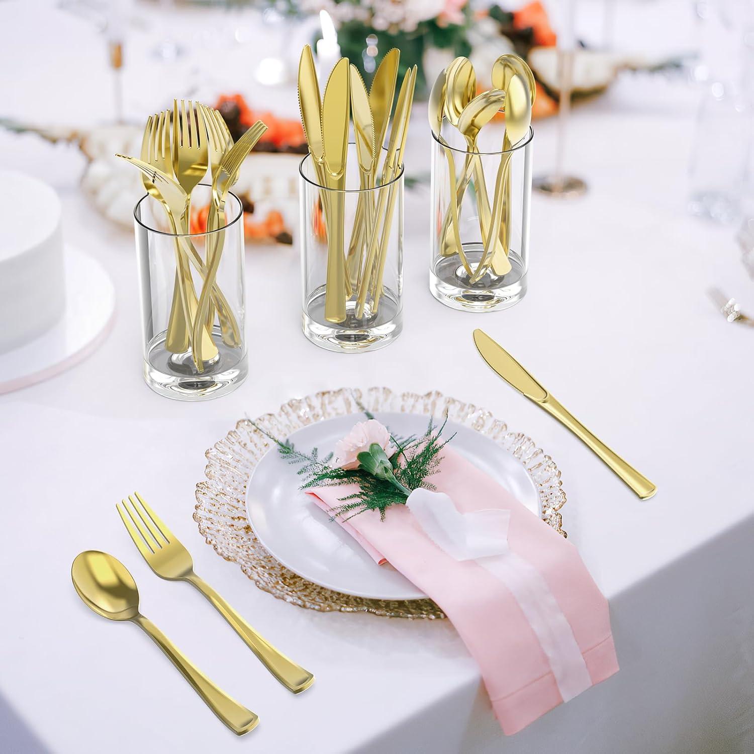 100 Count Heavy Duty Gold Plastic Knives Disposable, BPA-Free, Heat Resistant, Solid and Durable Premium Plastic Disposable Knives for Party Supply