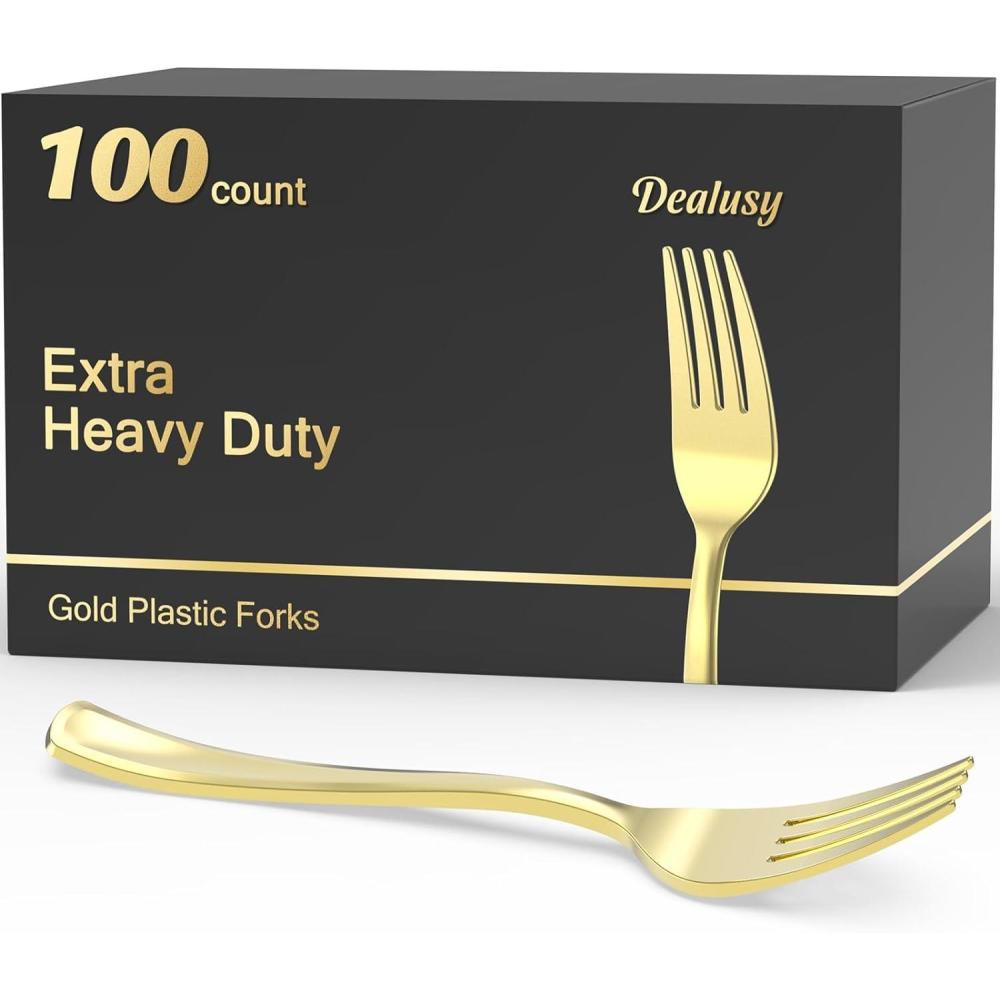 100 Count Heavy Duty Silver Plastic Forks Disposable, BPA-Free, Heat Resistant, Solid and Durable Premium Plastic Disposable Forks for Party Supply(Gold)