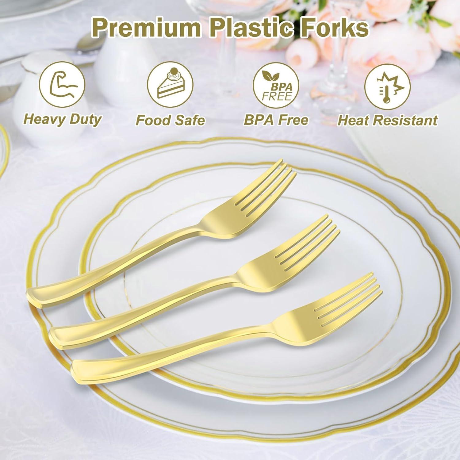 100 Count Heavy Duty Silver Plastic Forks Disposable, BPA-Free, Heat Resistant, Solid and Durable Premium Plastic Disposable Forks for Party Supply(Gold)