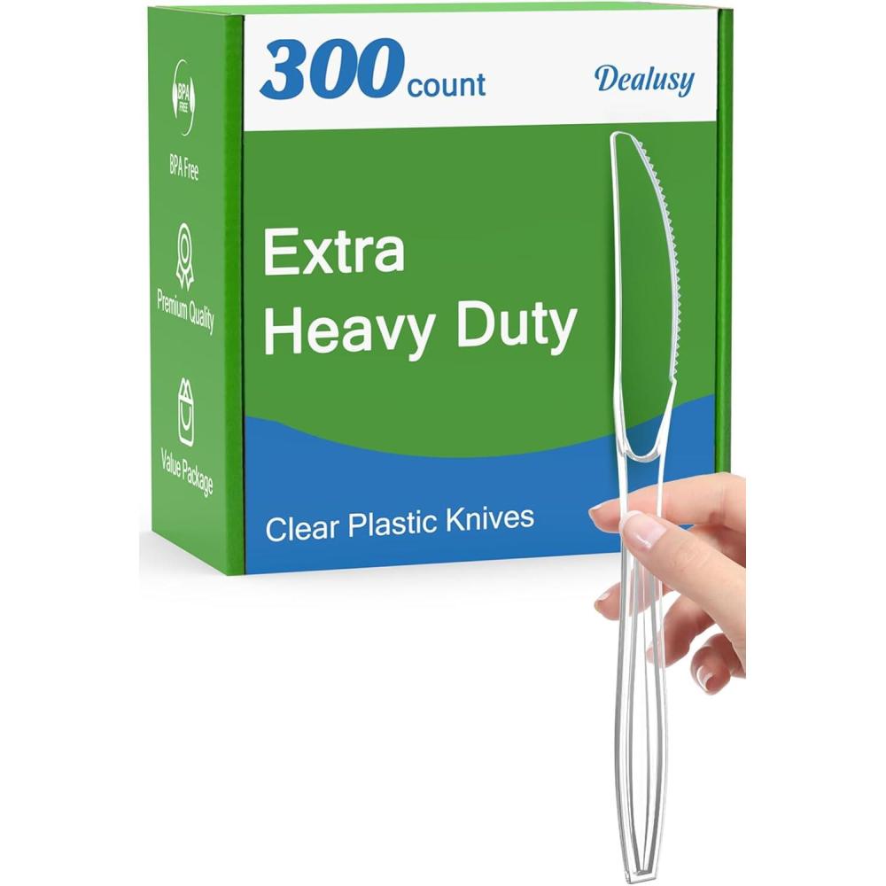 300 Count Extra Heavy Duty Clear Plastic Knives Disposable, BPA-Free, Heat Resistant, Solid and Durable Disposable Knives Bulk, Premium Plastic Knives heavy duty for Party Supply