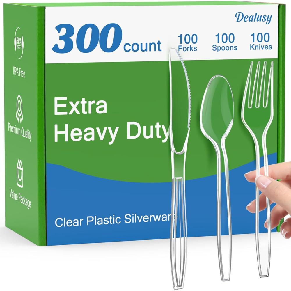 300 Count Extra Heavy Duty Clear Plastic Silverware, 100 Forks, 100 Spoons, 100 Knives, BPA-Free, Heat Resistant, Disposable Plastic Utensils Set, Plastic Cutlery Set, Plasticware Bulk(Clear)