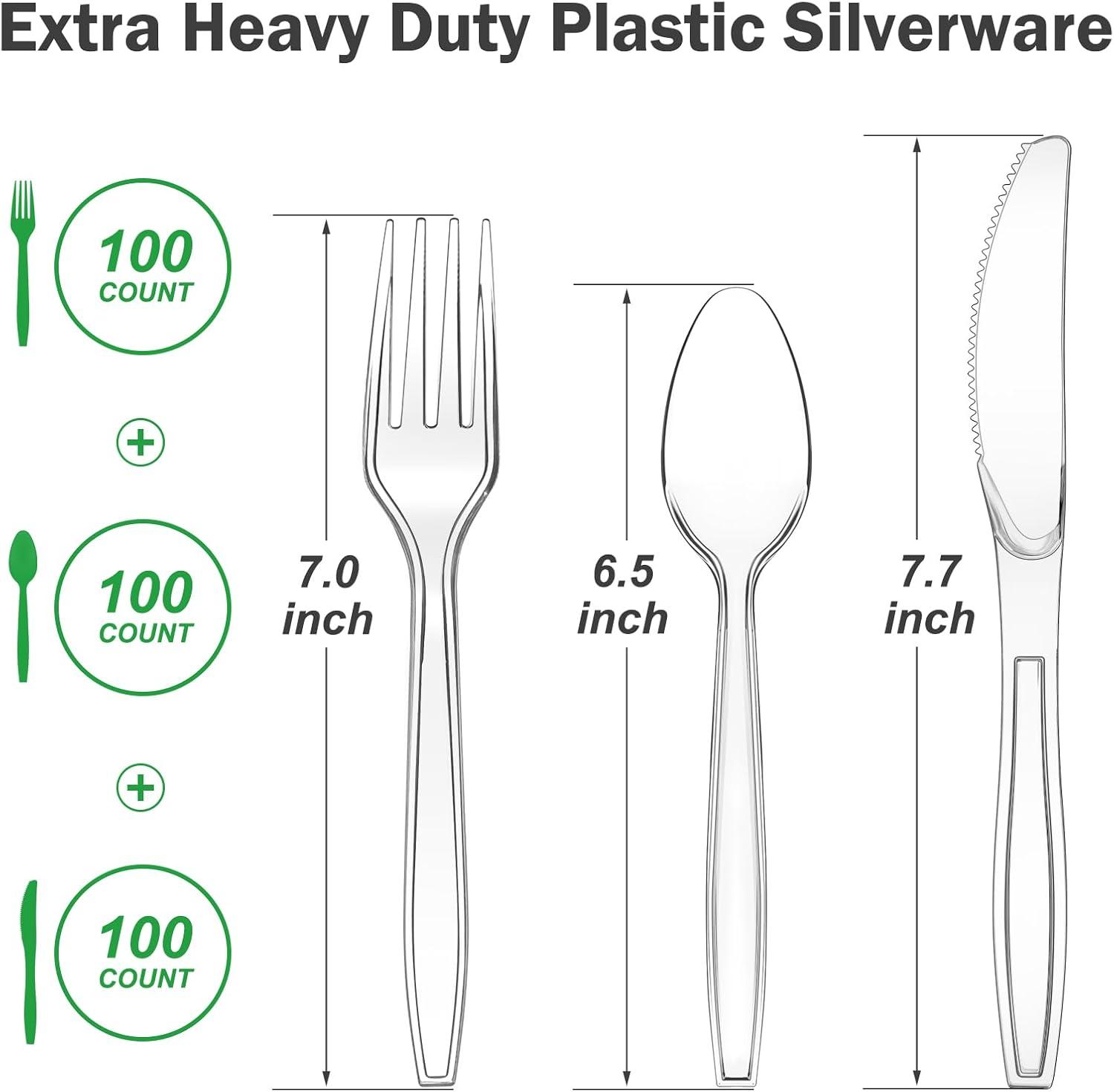 300 Count Extra Heavy Duty Clear Plastic Silverware, 100 Forks, 100 Spoons, 100 Knives, BPA-Free, Heat Resistant, Disposable Plastic Utensils Set, Plastic Cutlery Set, Plasticware Bulk(Clear)
