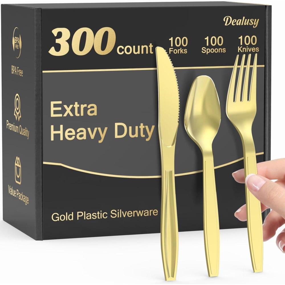 300 Count Extra Heavy Duty Clear Plastic Silverware, 100 Forks, 100 Spoons, 100 Knives, BPA-Free, Heat Resistant, Disposable Plastic Utensils Set, Plastic Cutlery Set, Plasticware Bulk(Gold)