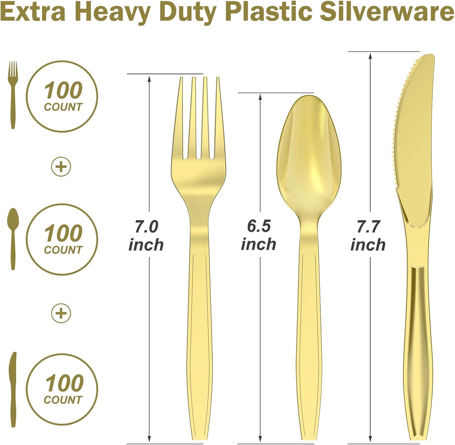 300 Count Extra Heavy Duty Clear Plastic Silverware, 100 Forks, 100 Spoons, 100 Knives, BPA-Free, Heat Resistant, Disposable Plastic Utensils Set, Plastic Cutlery Set, Plasticware Bulk(Gold)