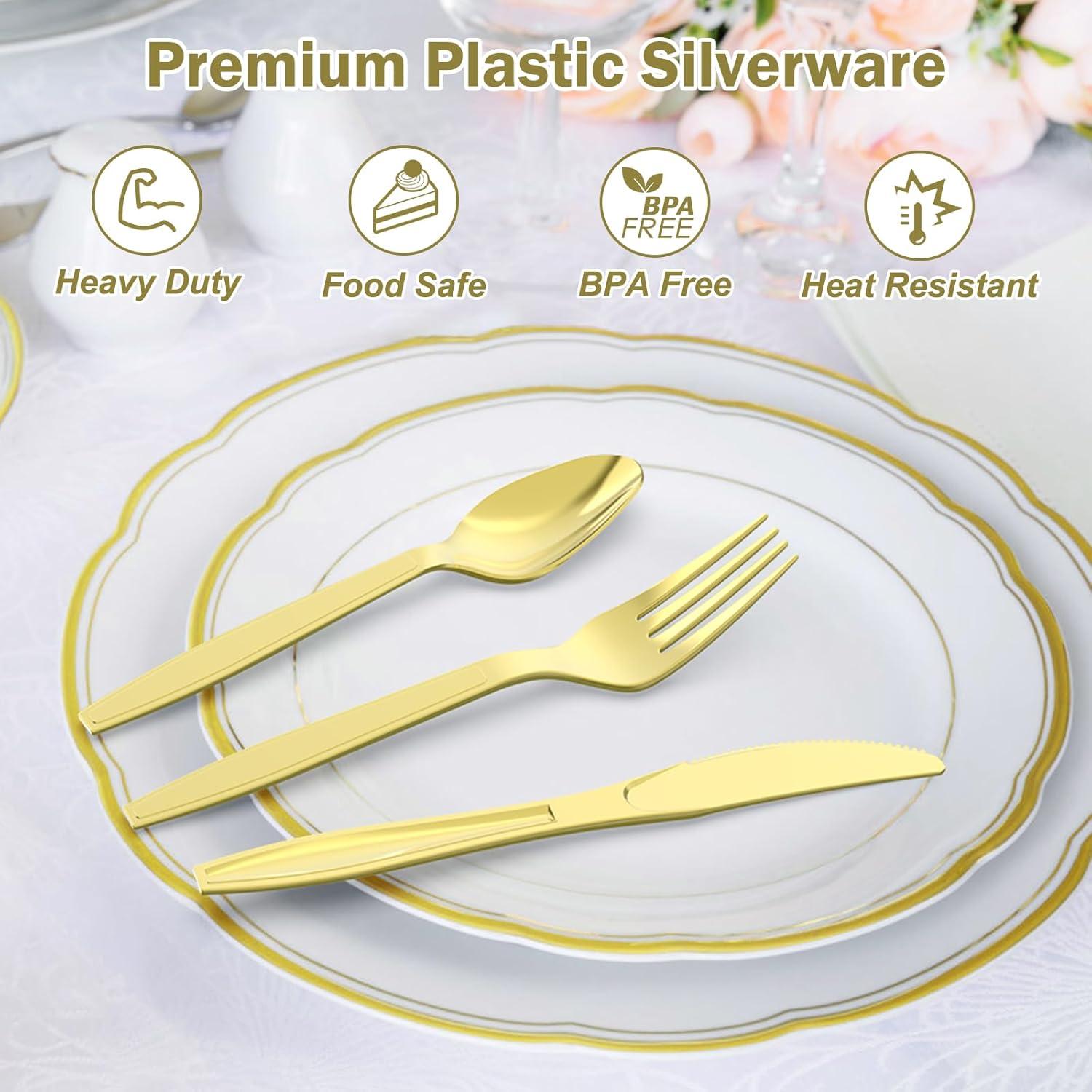300 Count Extra Heavy Duty Clear Plastic Silverware, 100 Forks, 100 Spoons, 100 Knives, BPA-Free, Heat Resistant, Disposable Plastic Utensils Set, Plastic Cutlery Set, Plasticware Bulk(Gold)