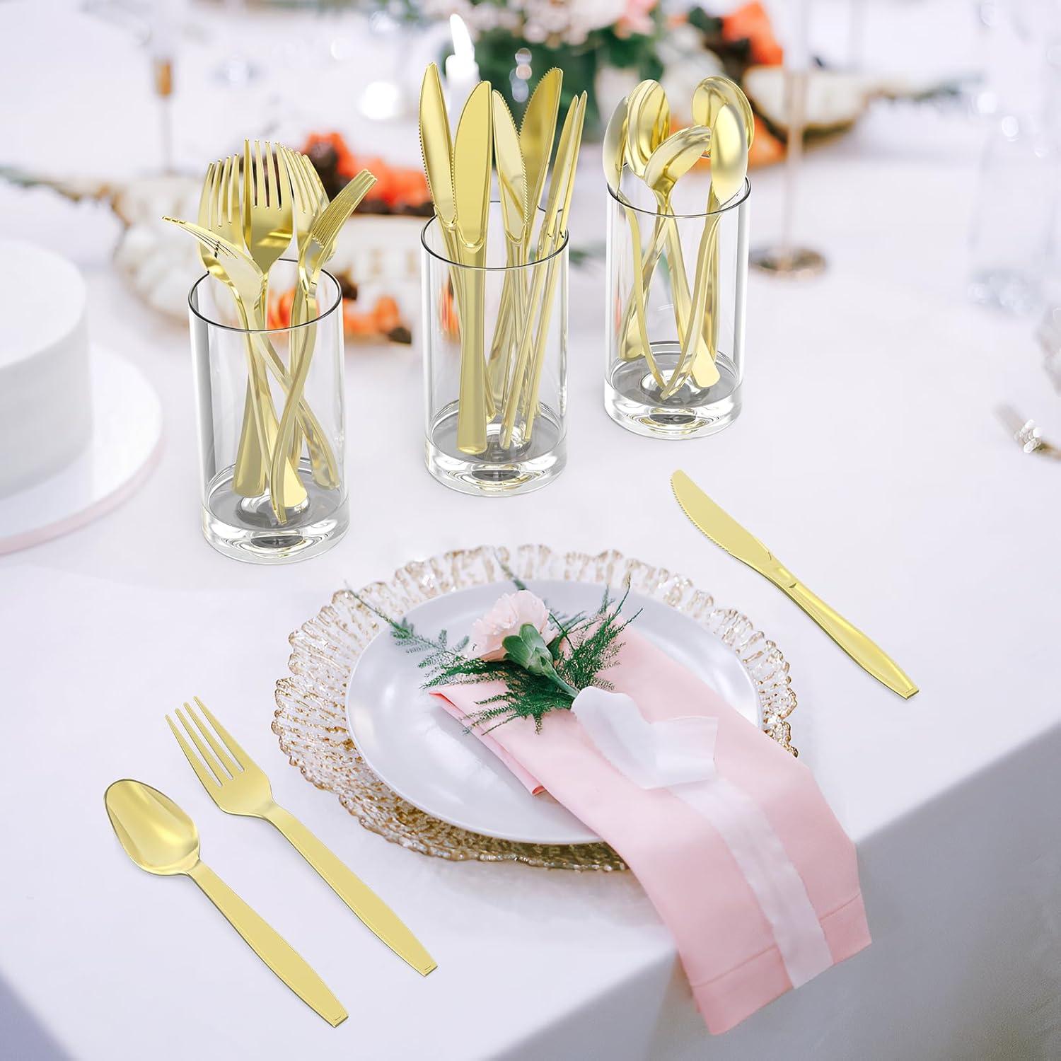 300 Count Extra Heavy Duty Clear Plastic Silverware, 100 Forks, 100 Spoons, 100 Knives, BPA-Free, Heat Resistant, Disposable Plastic Utensils Set, Plastic Cutlery Set, Plasticware Bulk(Gold)
