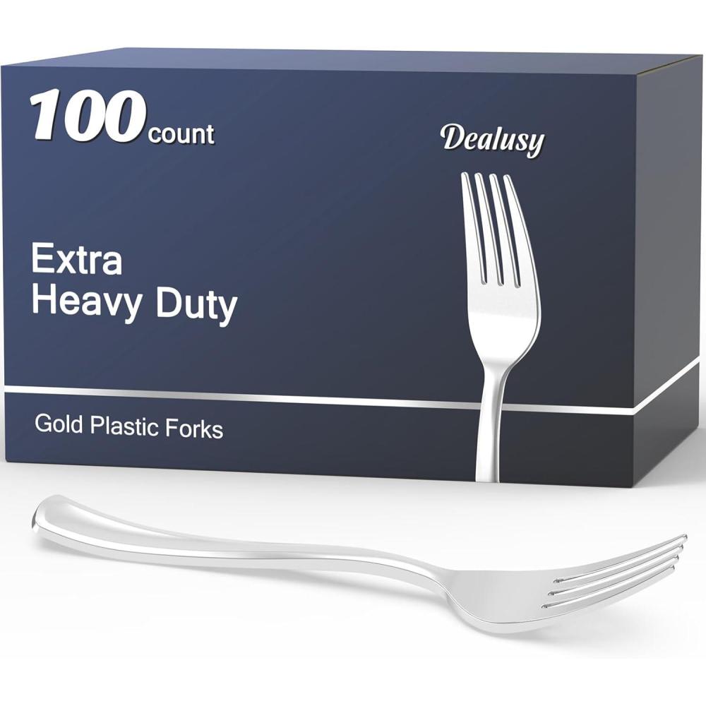100 Count Heavy Duty Silver Plastic Forks Disposable, BPA-Free, Heat Resistant, Solid and Durable Premium Plastic Disposable Forks for Party Supply(Silver)