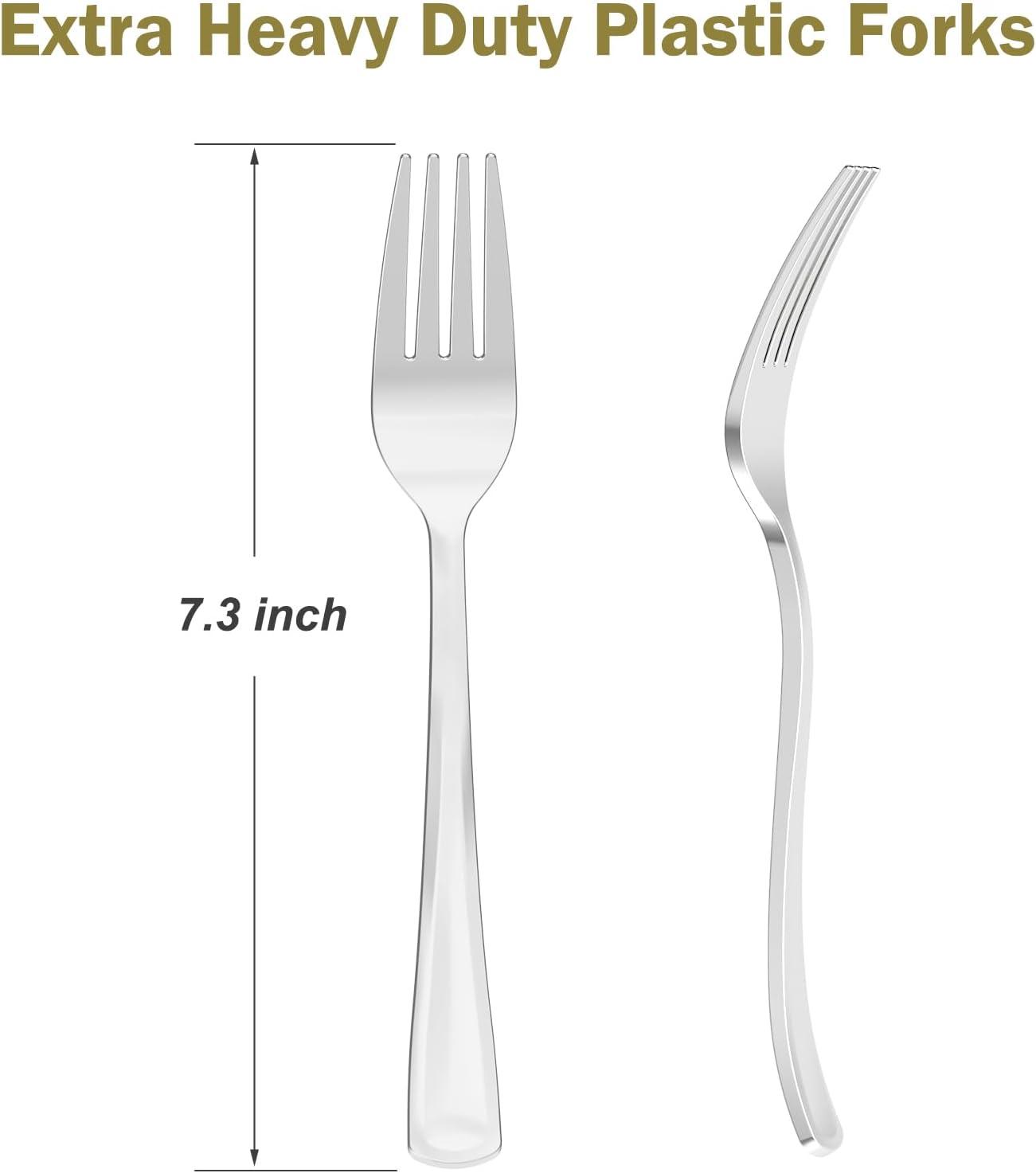 100 Count Heavy Duty Silver Plastic Forks Disposable, BPA-Free, Heat Resistant, Solid and Durable Premium Plastic Disposable Forks for Party Supply(Silver)