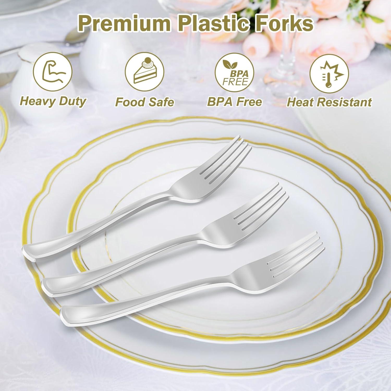 100 Count Heavy Duty Silver Plastic Forks Disposable, BPA-Free, Heat Resistant, Solid and Durable Premium Plastic Disposable Forks for Party Supply(Silver)