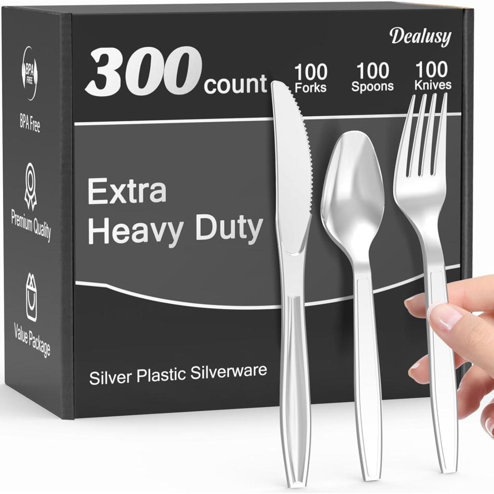 300 Count Extra Heavy Duty Clear Plastic Silverware, 100 Forks, 100 Spoons, 100 Knives, BPA-Free, Heat Resistant, Disposable Plastic Utensils Set, Plastic Cutlery Set, Plasticware Bulk(Silver)