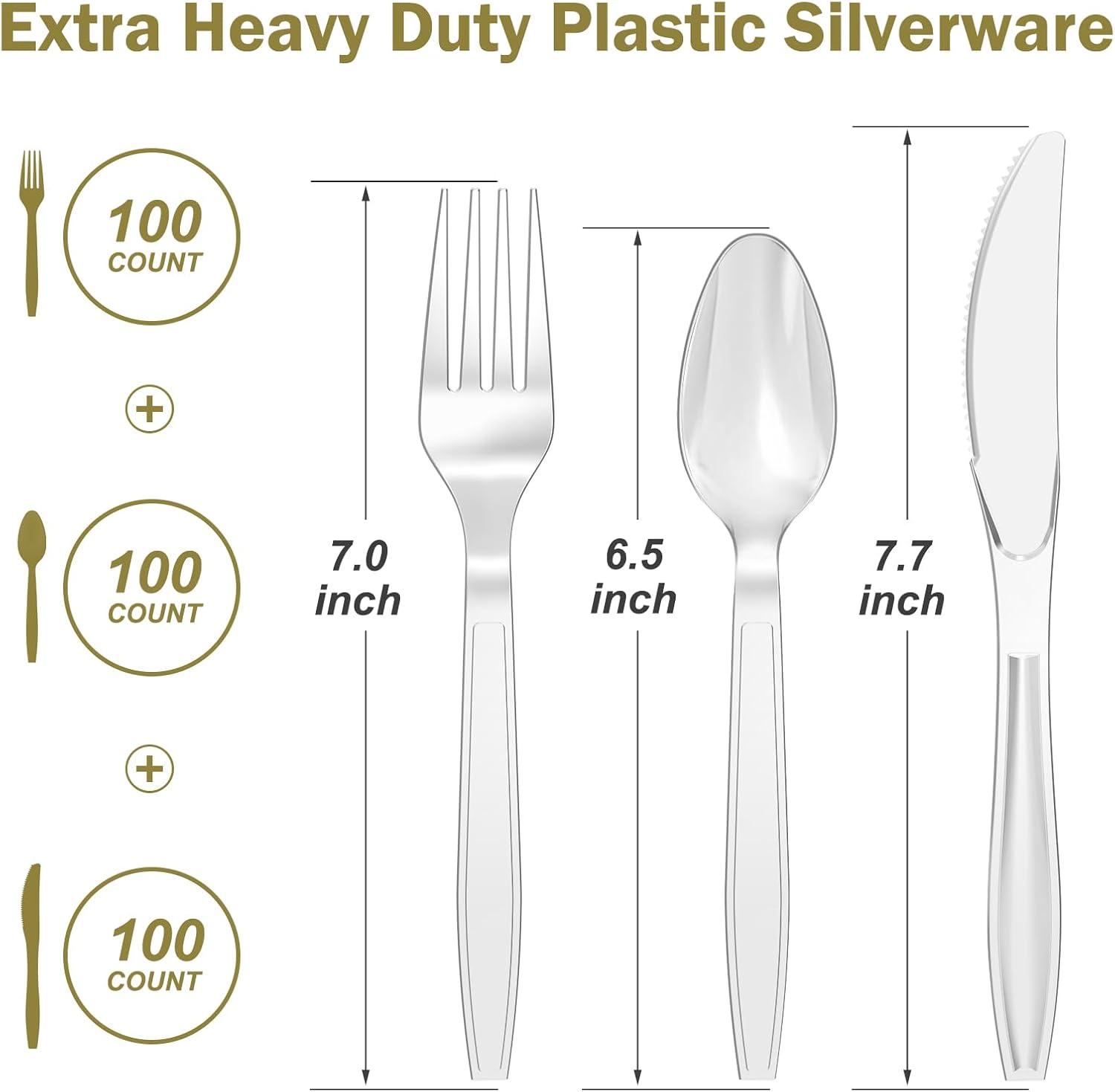 300 Count Extra Heavy Duty Clear Plastic Silverware, 100 Forks, 100 Spoons, 100 Knives, BPA-Free, Heat Resistant, Disposable Plastic Utensils Set, Plastic Cutlery Set, Plasticware Bulk(Silver)